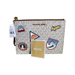 Michael Kors Aspen XL Clutch Wristlet Vanilla Multi Canvas & Leather New w/Tags